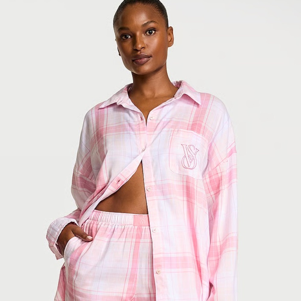 Victoria's Secret Light Pink Plaid button down LIKE NEW